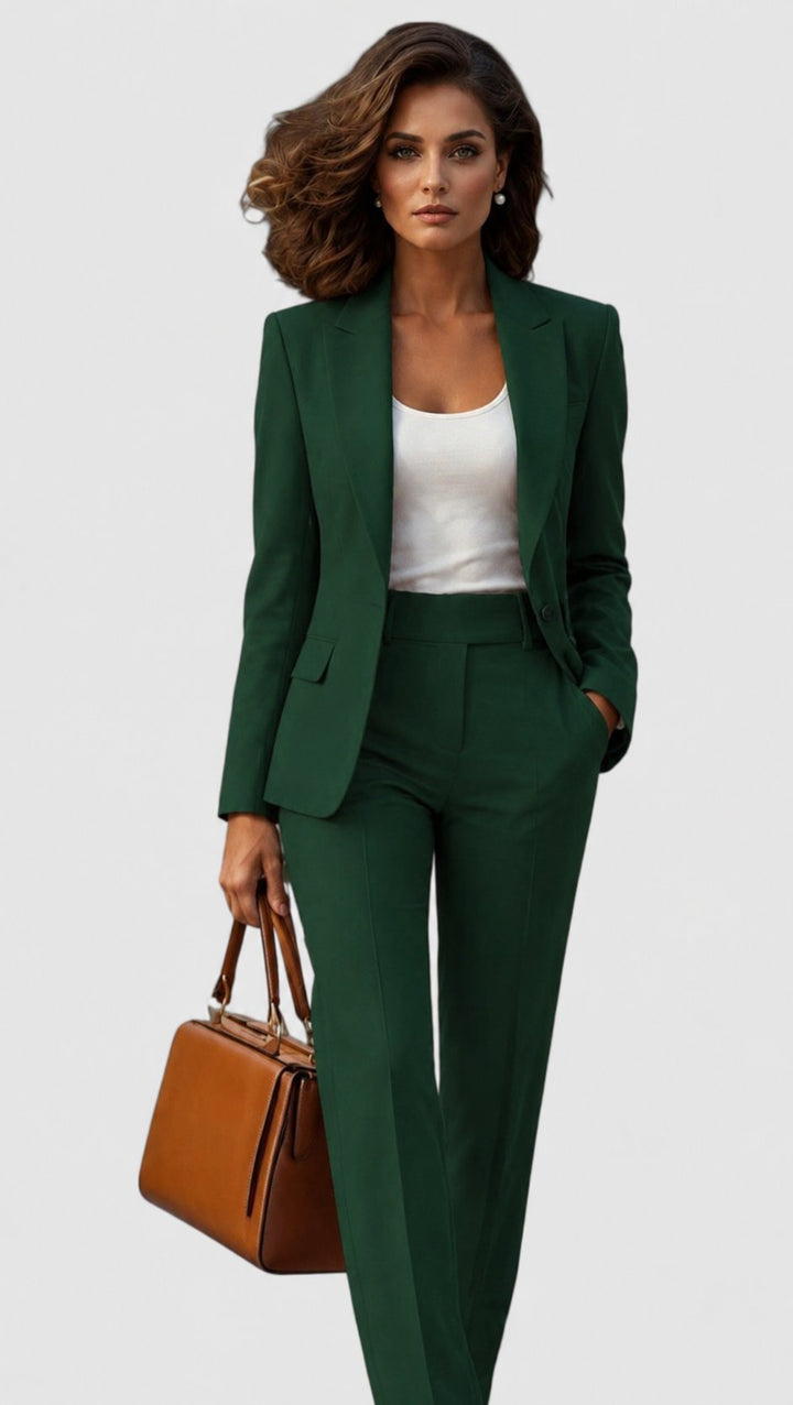 Femme en ensemble vert sapin, blazer à un bouton sur débardeur blanc, pantalon taille haute, sac en cuir marron. 8