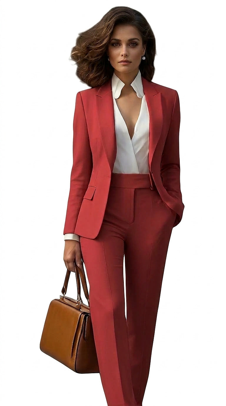 Femme en ensemble rouge corail porté avec un chemisier blanc au col dégagé, une main dans la poche, sac marron à la main. 1