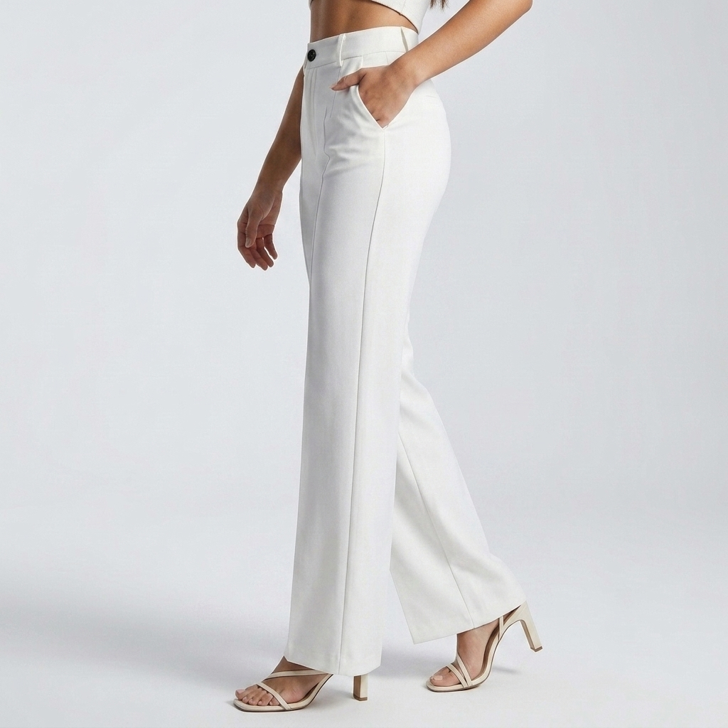 Pantalon blanc vu de profil, main dans la poche, jambe large et sandales à talons 4