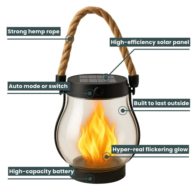 Lanterne vue de face avec légendes pointant panneau solaire, interrupteur, batterie, corde et effet de flamme 4
