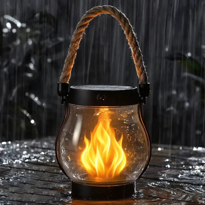 Lanterne allumée sous une pluie battante, posée sur une surface en bois mouillée 8