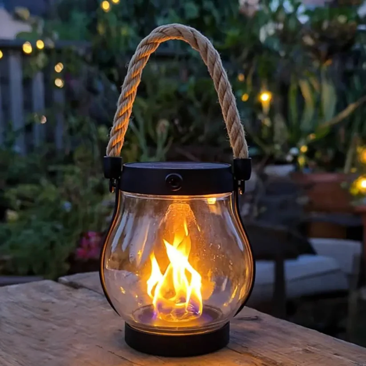 Lanterne à flamme vacillante posée sur une table en bois, jardin illuminé en arrière-plan 9