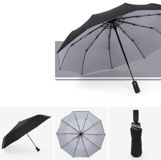 Parapluie à doublure grise ouvert, avec vues de côté, de dessous et replié 15