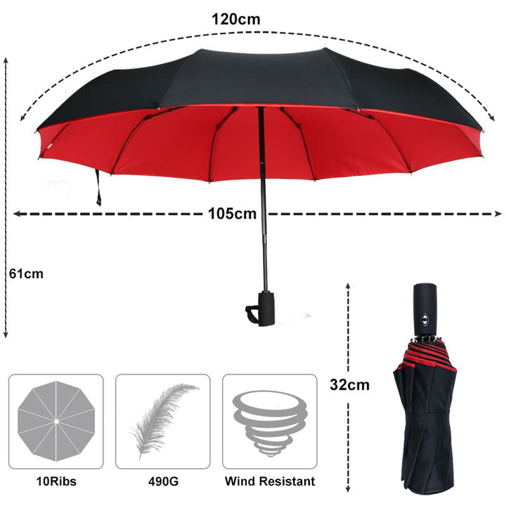 Schéma coté du parapluie ouvert à doublure rouge et replié, avec dix baleines et poids 7