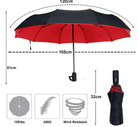 Schéma des dimensions du parapluie à doublure rouge, ouvert et replié, avec poids et baleines 17