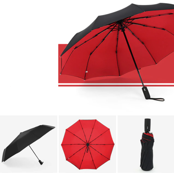 Parapluie à doublure rouge vif ouvert, avec vues de côté, de dessous et replié 16