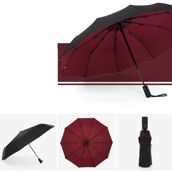 Parapluie à doublure rouge bordeaux ouvert, avec vues de côté, de dessous et replié 14