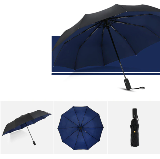 Parapluie à doublure bleu marine ouvert, avec vues de côté, de dessous et replié 12