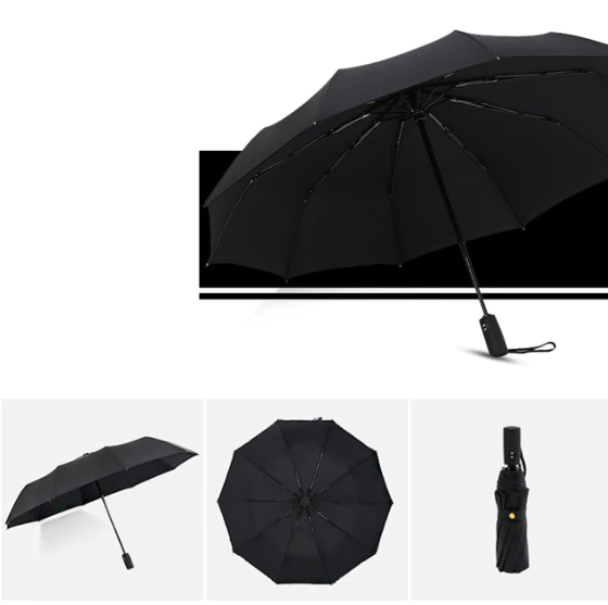 Parapluie noir uni ouvert, avec vues de côté, de dessous et replié 13