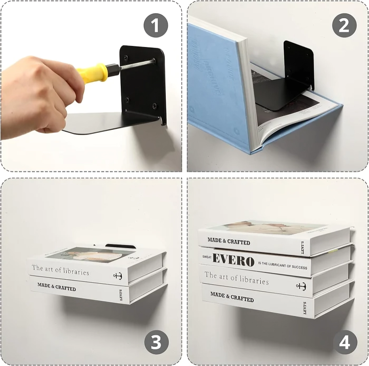 Montage en quatre étapes : vissage du support noir au mur, pose d'un livre dessus, puis deux piles de livres blancs suspendues. 2
