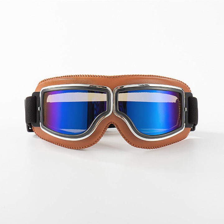 Lunettes à contour marron clair avec verres miroir bleu irisé, monture chromée et sangle élastique noire, sur fond blanc. 9