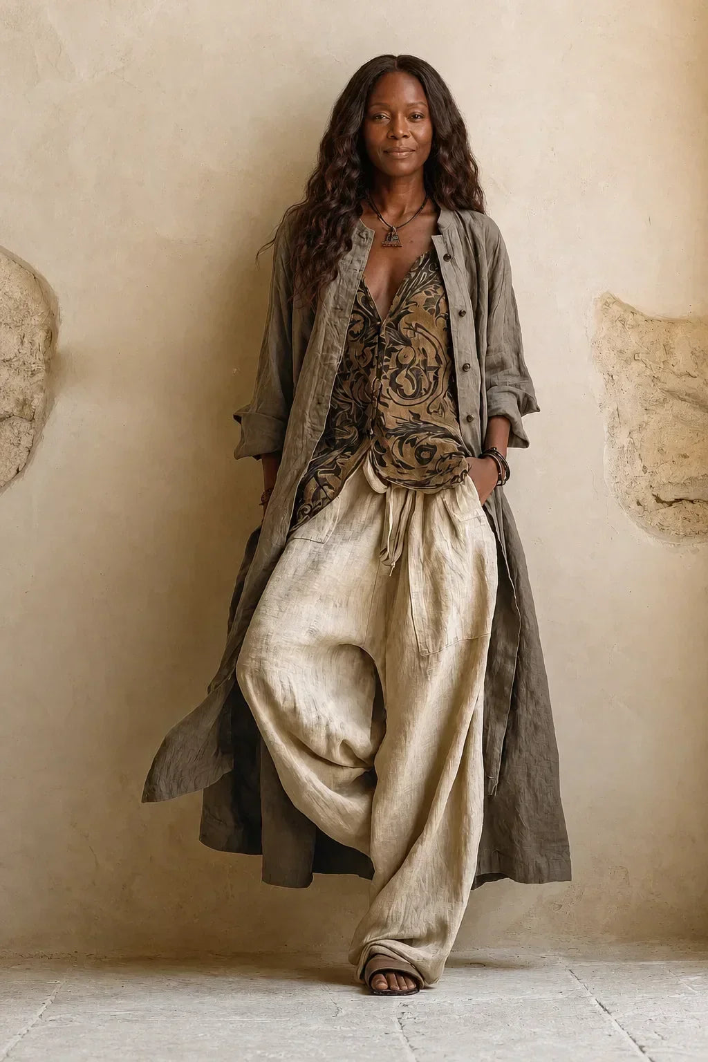 Femme de face, appuyée contre un mur beige, portant le long cardigan kaki boutonné ouvert sur le haut imprimé et le pantalon sarouel écru. 1