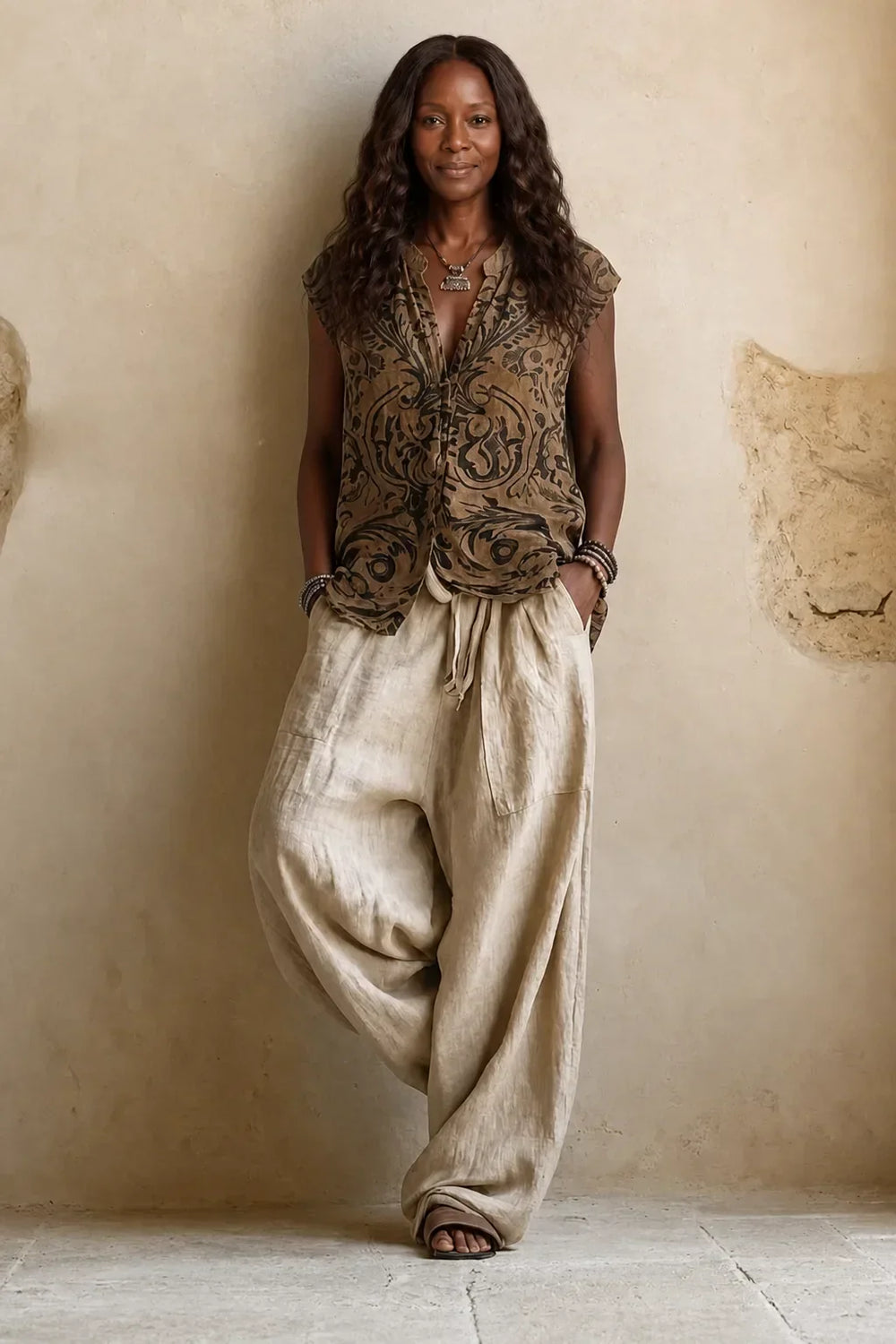 Femme de face sans le cardigan, en haut sans manches à motifs baroques bruns et noirs avec pantalon ample écru à cordon. 2