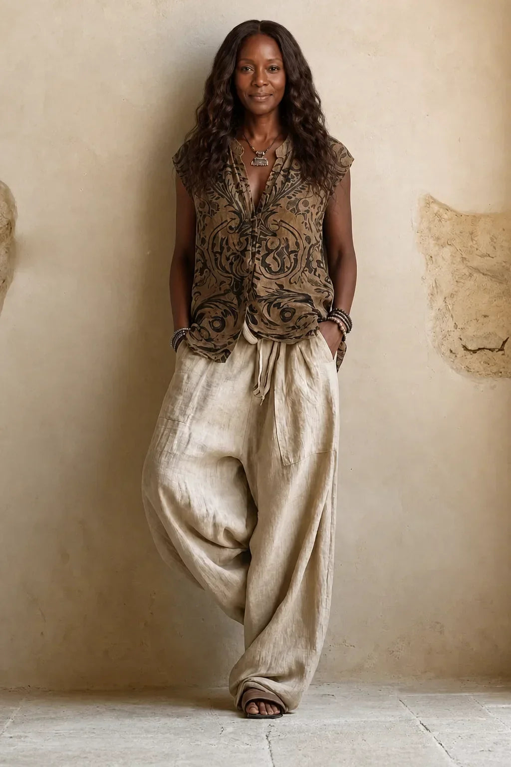 Femme de face sans le cardigan, en haut sans manches à motifs baroques bruns et noirs avec pantalon ample écru à cordon. 2