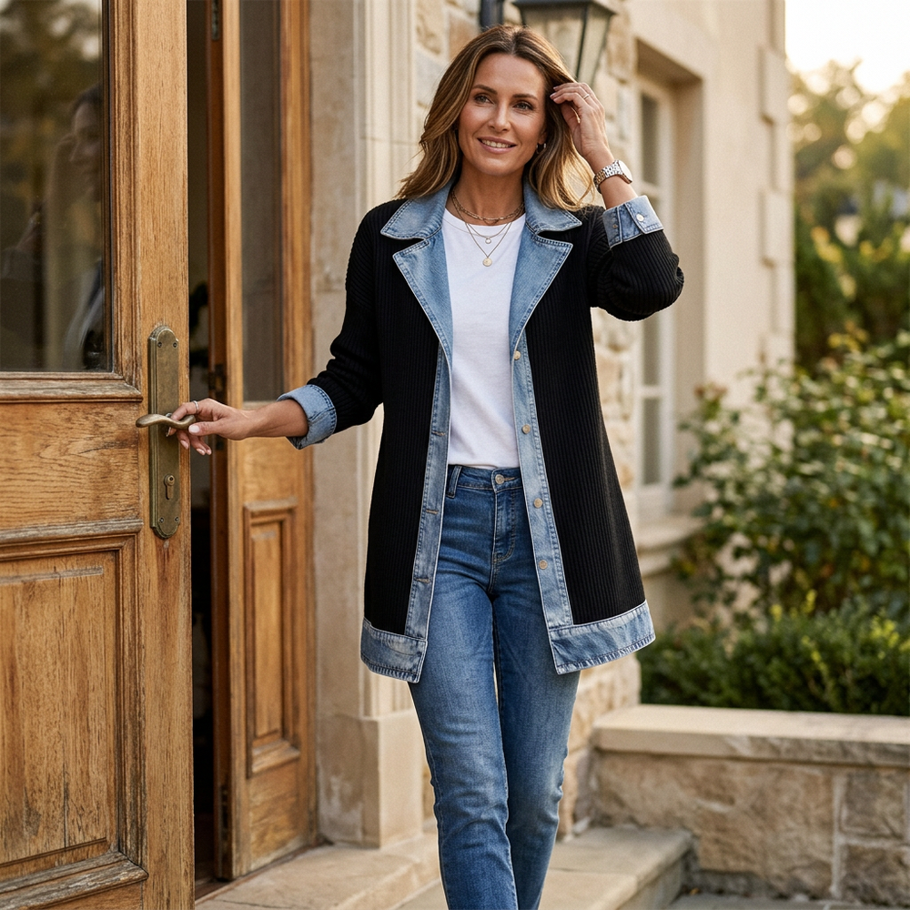 Femme ouvrant une porte en bois, vêtue du manteau noir à revers en jean sur un t-shirt blanc 2