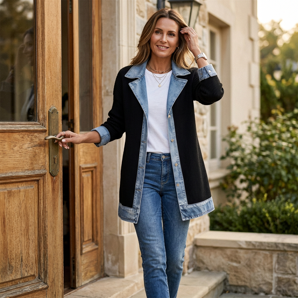 Femme ouvrant une porte en bois, vêtue du manteau noir à revers en jean sur un t-shirt blanc 2
