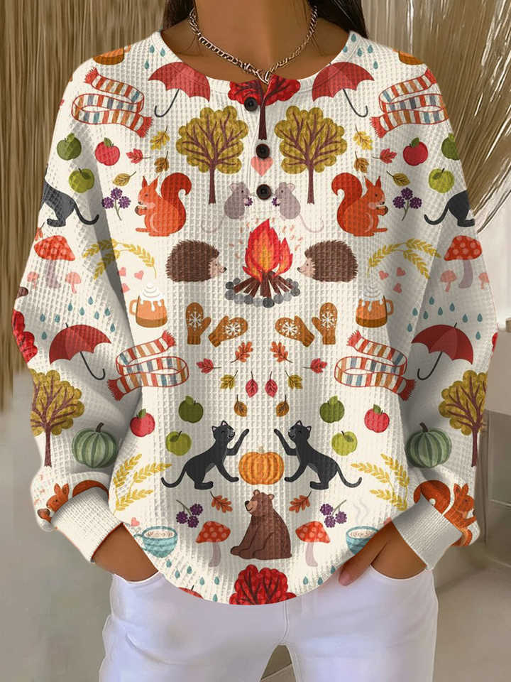Pull gaufré crème imprimé d'automne : écureuils, hérissons, chats noirs, ours, champignons, citrouilles et feu de camp. 19