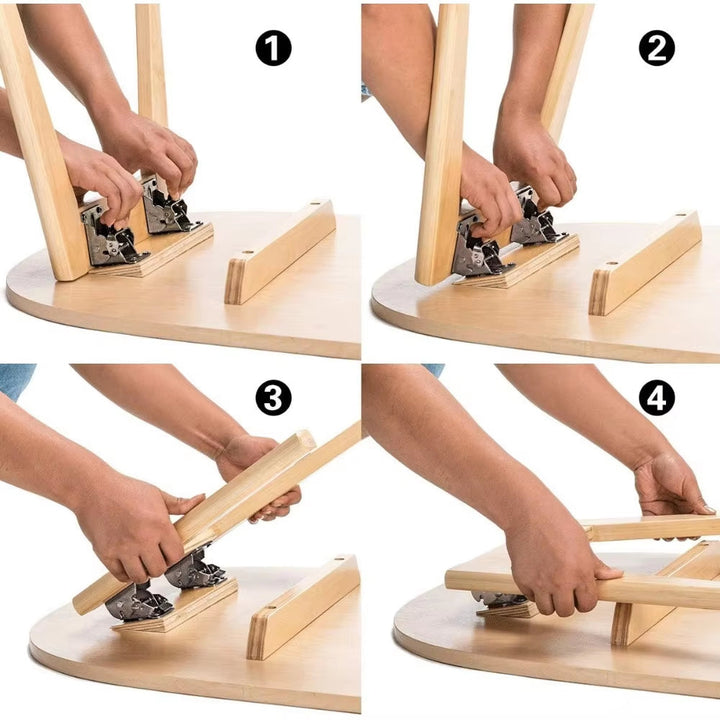 Montage en quatre étapes numérotées montrant des mains qui déplient puis replient un pied de table équipé des supports. 4