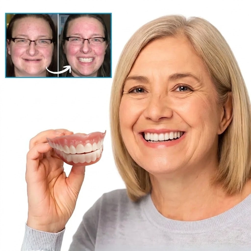 Femme blonde souriante tenant une prothèse dentaire rose et blanche, avec une comparaison avant-après en médaillon 1