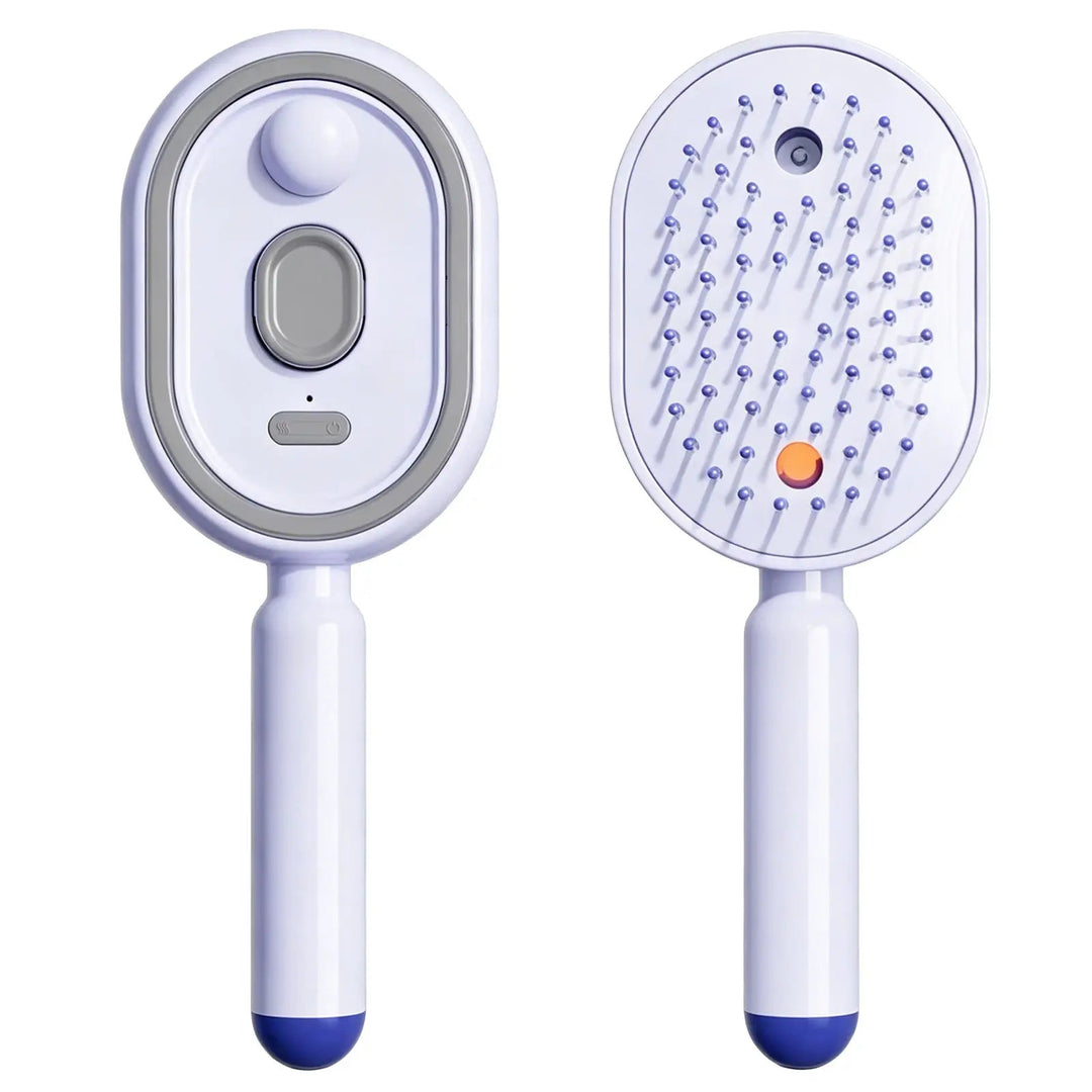 Brosse blanche à embout bleu foncé, vue de face avec bouton et fenêtre grise, puis de dos avec dents bleutées et voyant orange. 17