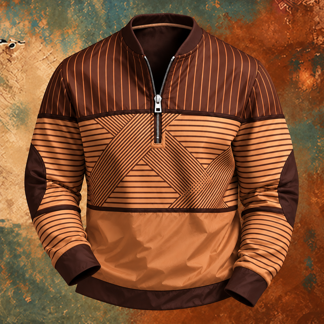 Pull à demi-zip marron chocolat et caramel à rayures, motif géométrique sur la poitrine et coudes renforcés, sur fond texturé. 5