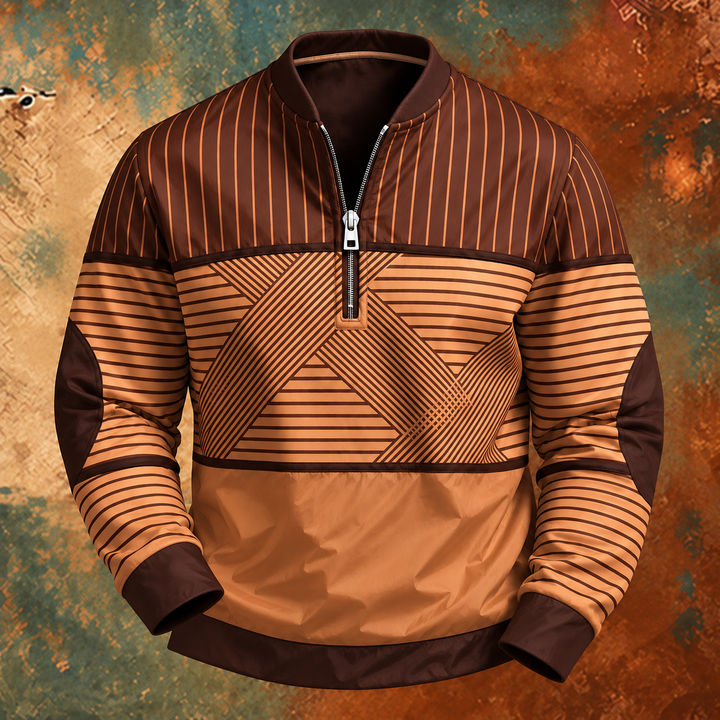 Pull à demi-zip marron chocolat et caramel à rayures, motif géométrique sur la poitrine et coudes renforcés, sur fond texturé. 5