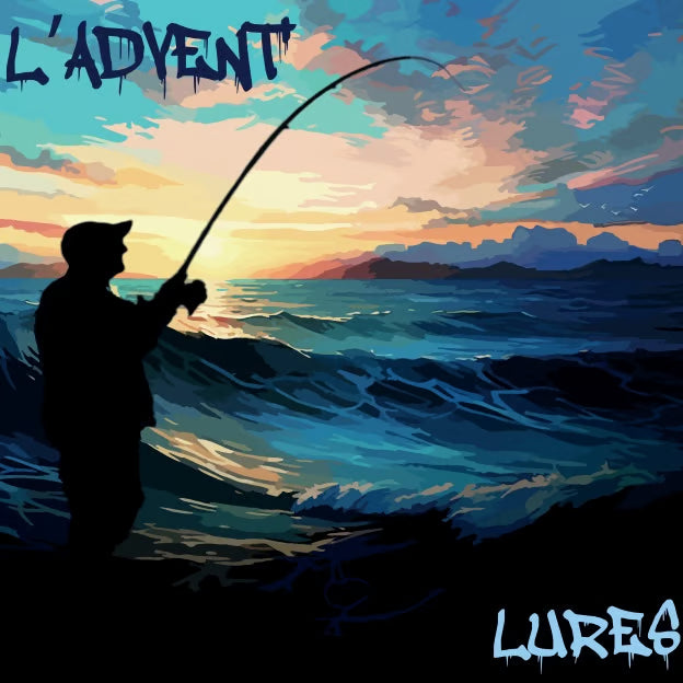Illustration d'un pêcheur en silhouette lançant sa canne face aux vagues, au coucher du soleil 5