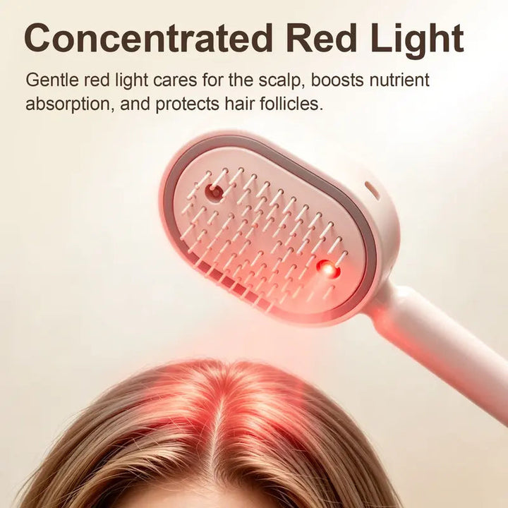 Face à dents de la brosse avec voyant rouge allumé, éclairant la raie d'une chevelure blonde sur fond clair. 5