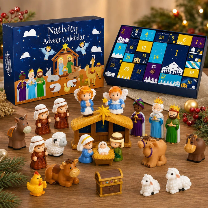 Boîte illustrée, calendrier ouvert et figurines de crèche disposés sur une table en bois décorée de branches de sapin 1