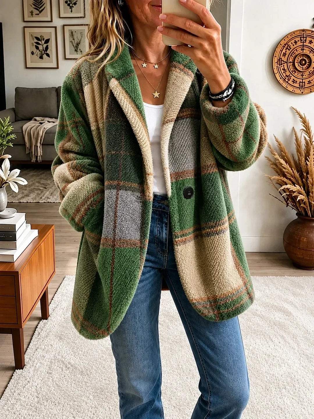 Manteau à carreaux en tons de vert, beige et gris, d'aspect texturé, porté ouvert avec un jean dans un intérieur chaleureux. 7