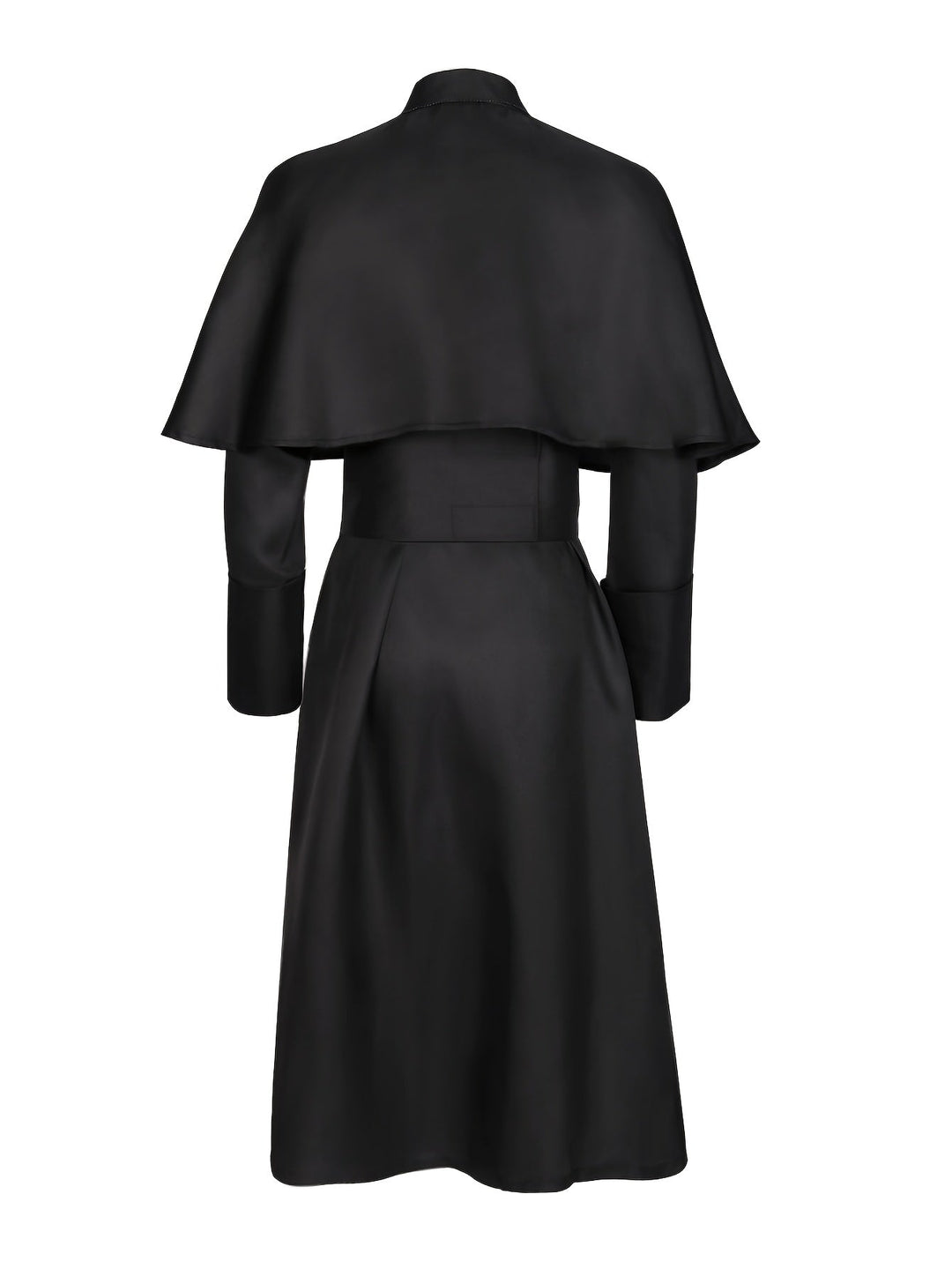 Dos du costume noir, avec la cape courte, la ceinture nouée et la jupe évasée 5