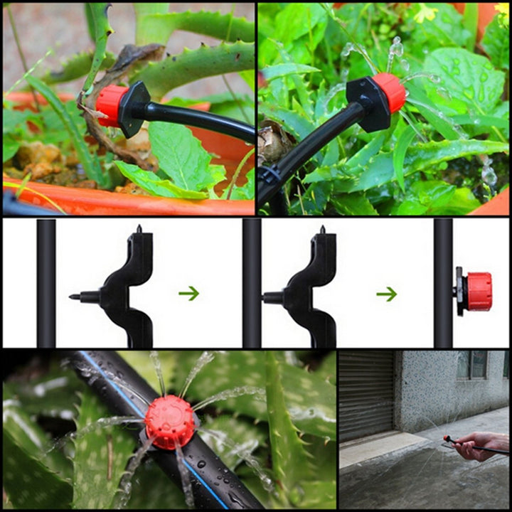 Planche mêlant goutteurs en situation dans des pots et schéma d'installation en trois étapes sur un tuyau noir. 7