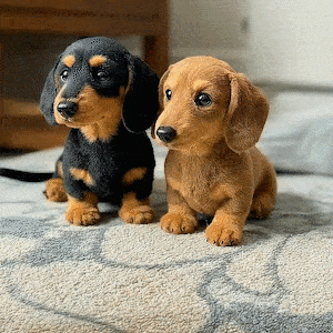 Deux peluches de teckel assises côte à côte sur un tapis, l'une noire et feu, l'autre entièrement fauve, aux oreilles tombantes. 5