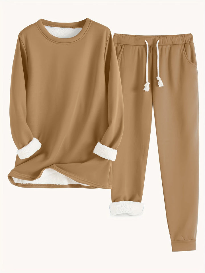 Ensemble camel pull à col rond et pantalon à poches, doublure peluche blanche aux poignets 11