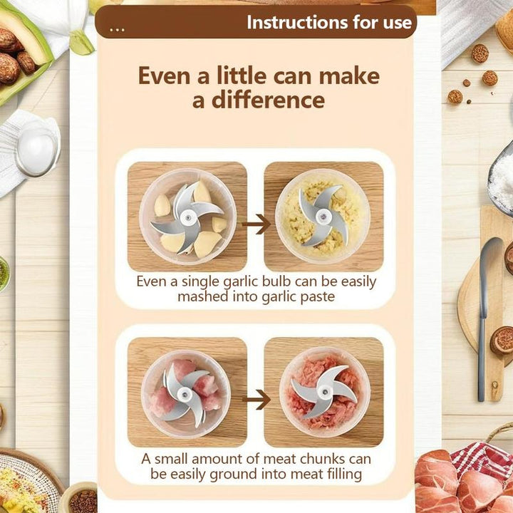Schéma d'utilisation avant et après: une gousse d'ail réduite en purée et des morceaux de viande transformés en farce, vus du dessus. 4