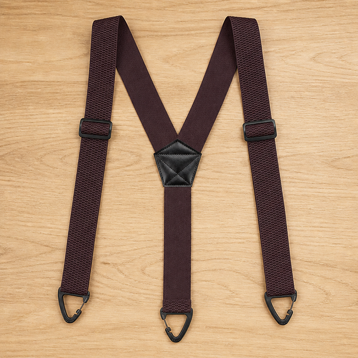 Bretelles bordeaux foncé en Y avec pièce centrale noire, boucles de réglage noires et trois crochets triangulaires. 17