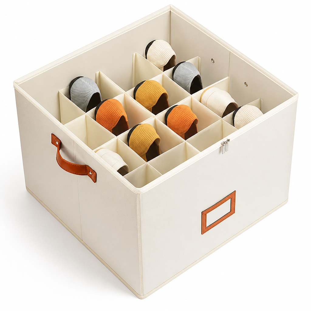 Boîte beige sur fond blanc, vue de dessus en détail: grille de compartiments individuels contenant des chaussures de couleurs variées. 6