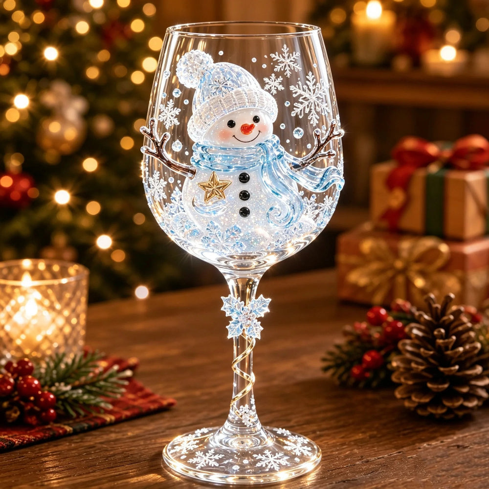 Verre à pied avec bonhomme de neige en relief, écharpe bleue, flocons et houx givré sur la tige 2