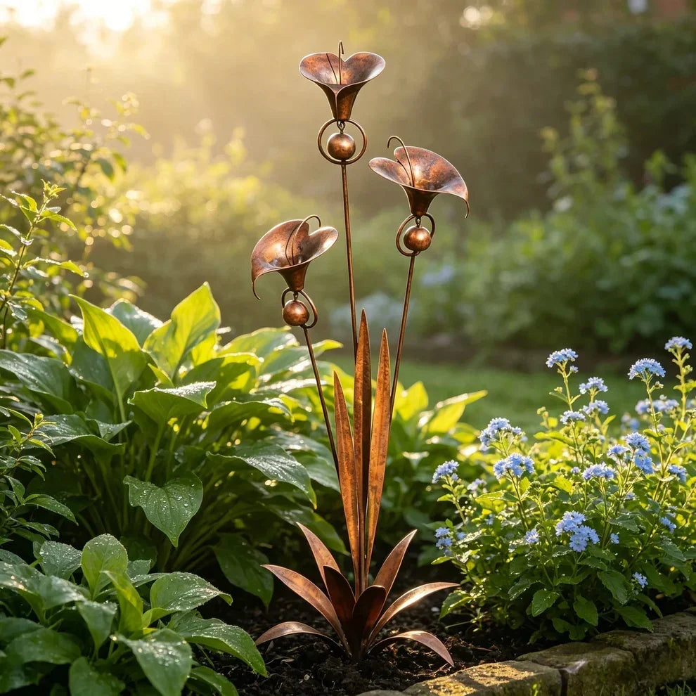 Tuteur décoratif en cuivre au lever du jour, entouré de feuillage humide de rosée et de petites fleurs bleues dans un jardin brumeux. 8