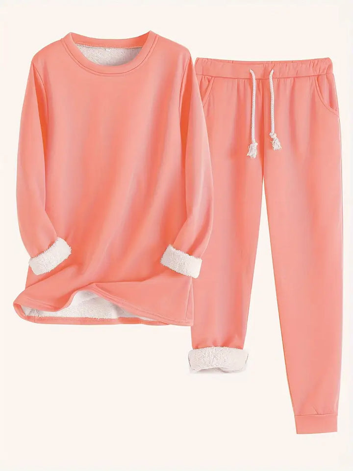 Ensemble corail orangé pull et pantalon fuselé à cordon, doublure peluche blanche aux poignets et chevilles 8