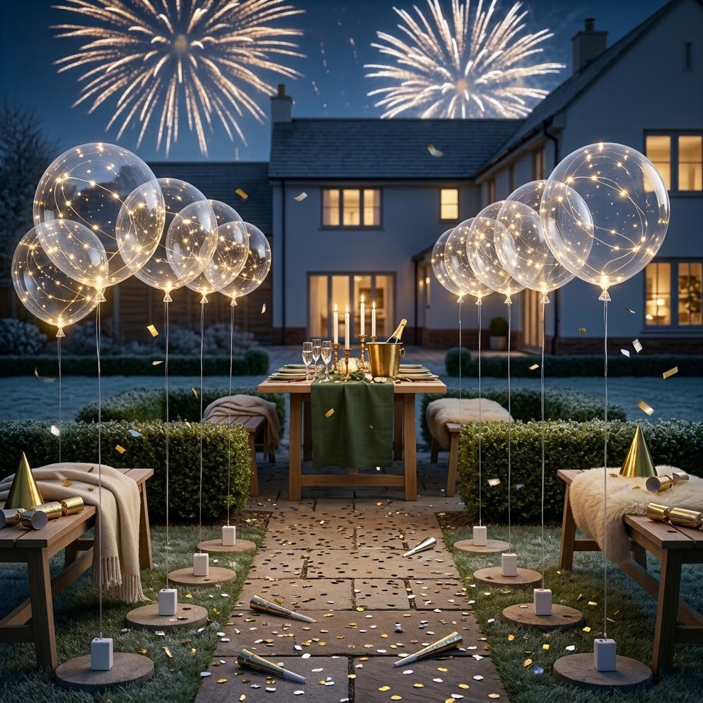 Ballons lumineux disposés de chaque côté d'une allée de jardin menant à une table, sous un feu d'artifice 4