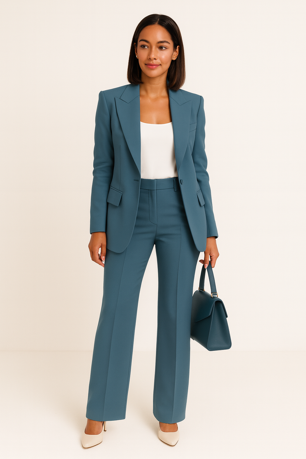 Mannequin en pied portant l'ensemble bleu pétrole avec haut blanc, escarpins beige clair et sac à main assorti tenu à la main. 2