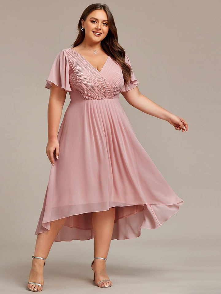 Robe de invitée de mariage en mousseline avec col en V et manches courtes 132
