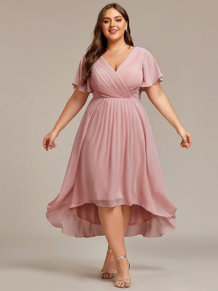 Robe de invitée de mariage en mousseline avec col en V et manches courtes 129