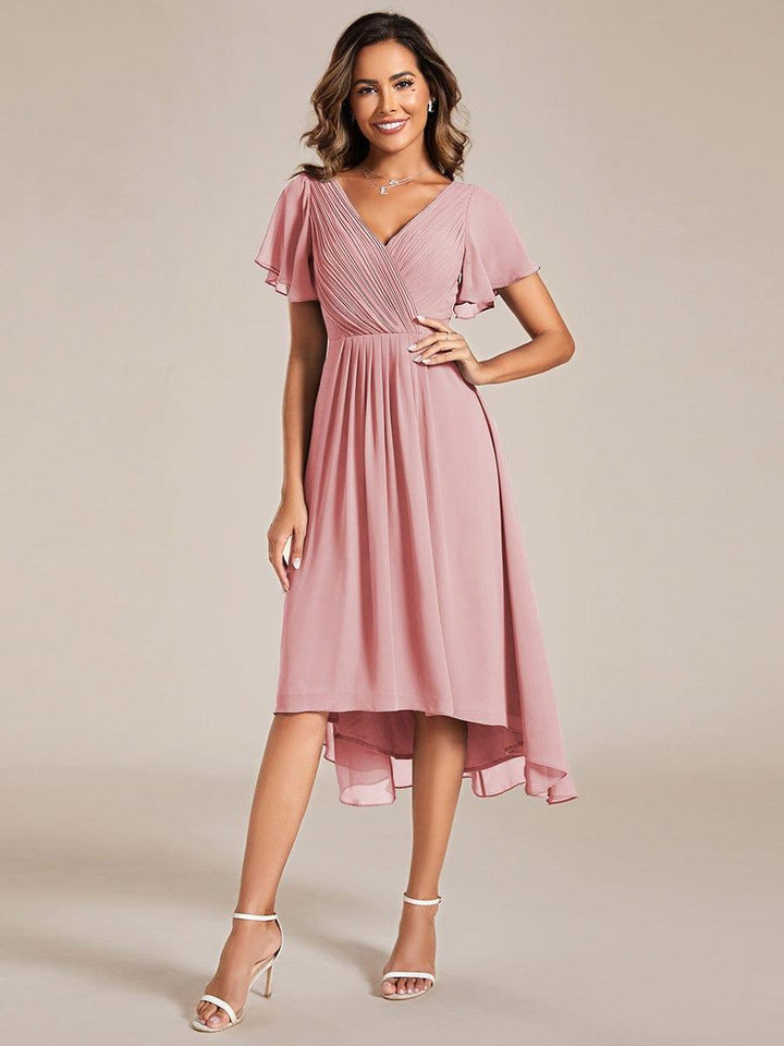 Robe de invitée de mariage en mousseline avec col en V et manches courtes 124