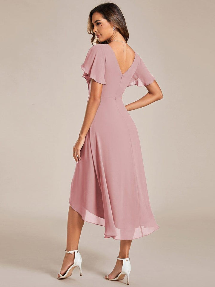 Robe de invitée de mariage en mousseline avec col en V et manches courtes 125
