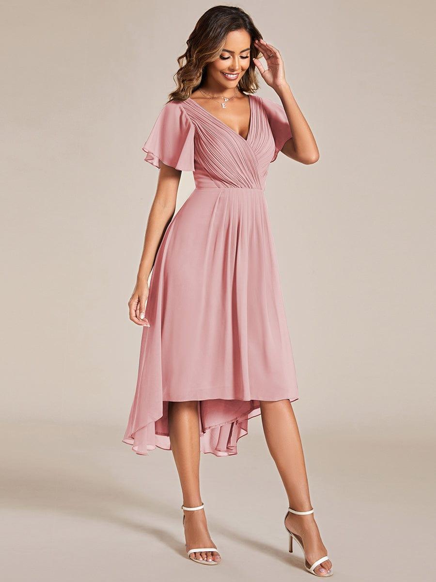 Robe de invitée de mariage en mousseline avec col en V et manches courtes 128