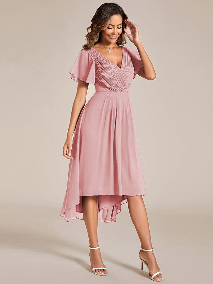 Robe de invitée de mariage en mousseline avec col en V et manches courtes 128
