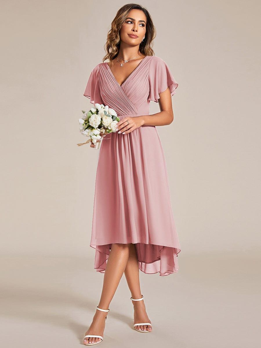 Robe de invitée de mariage en mousseline avec col en V et manches courtes 126