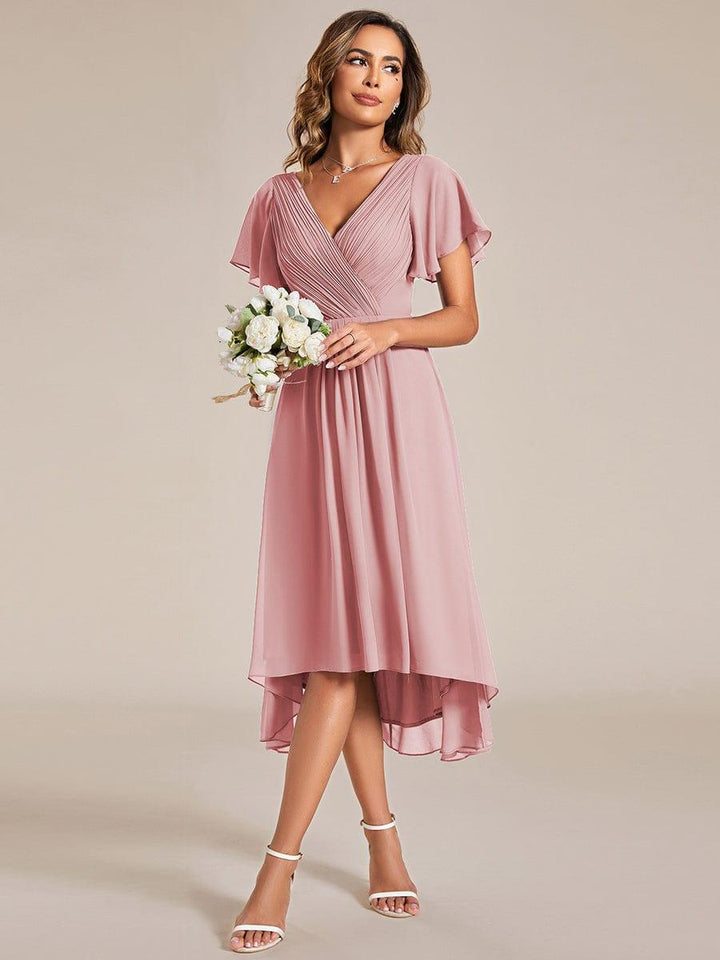 Robe de invitée de mariage en mousseline avec col en V et manches courtes 126